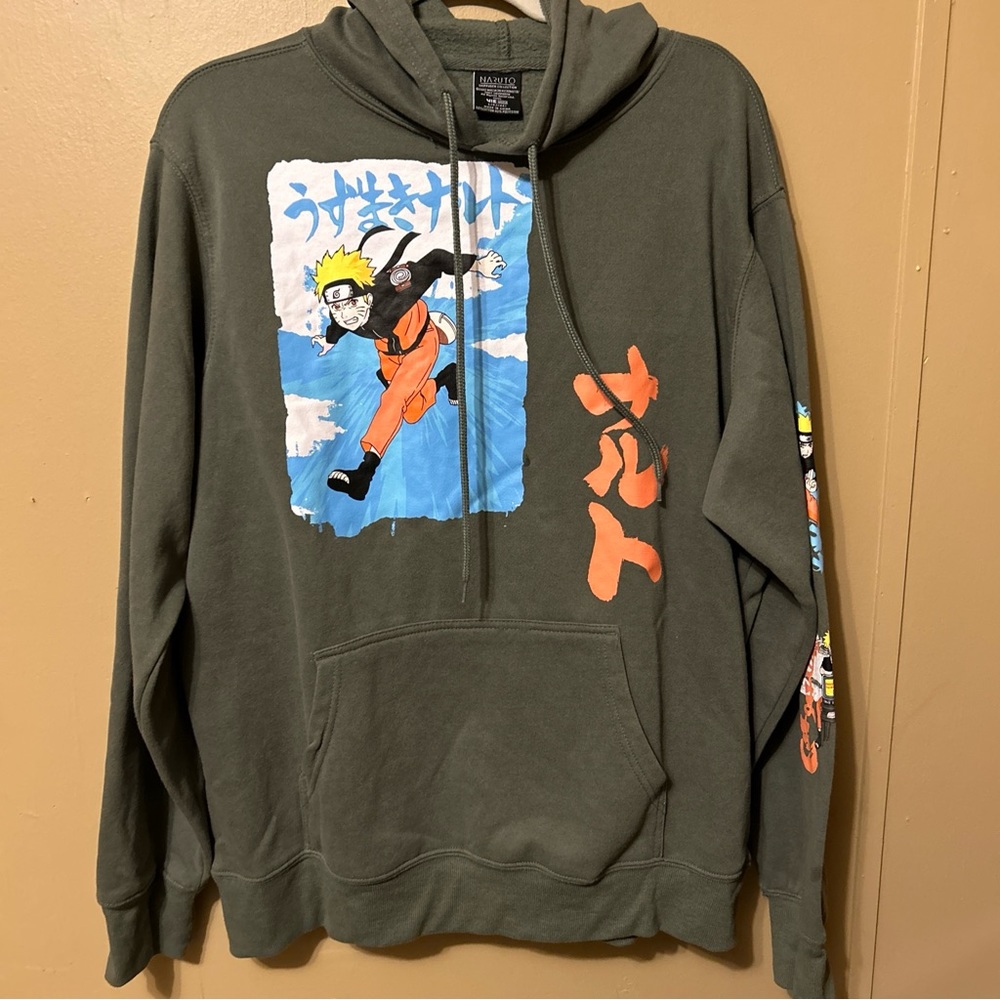 Naruto Anime Men’s Olive Sage Green Hoodie Sweatshirt Large L 42/44 Graphic